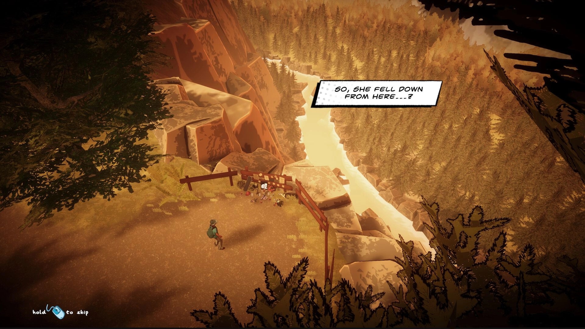 The Dropouts: Lou inspects a cliff memorial as a dialogue box hovers over a forested canyon overlook.