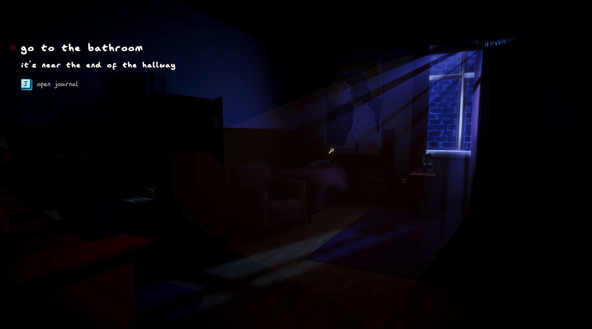 The Dropouts: Objective text says go to the bathroom in a dark dorm room lit by moonlight window.