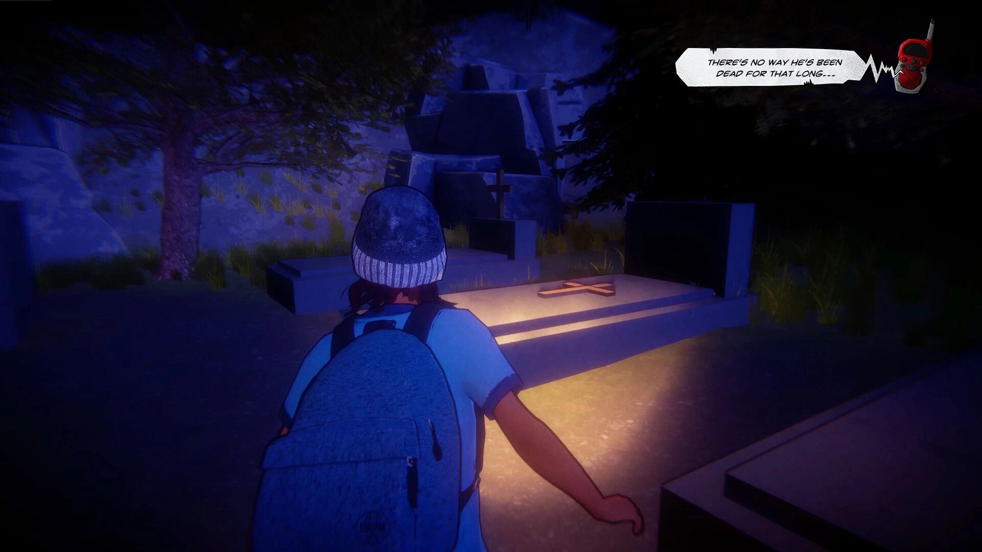 The Dropouts: Student with backpack approaches a grave at night in a foggy cemetery, dialogue UI on top.