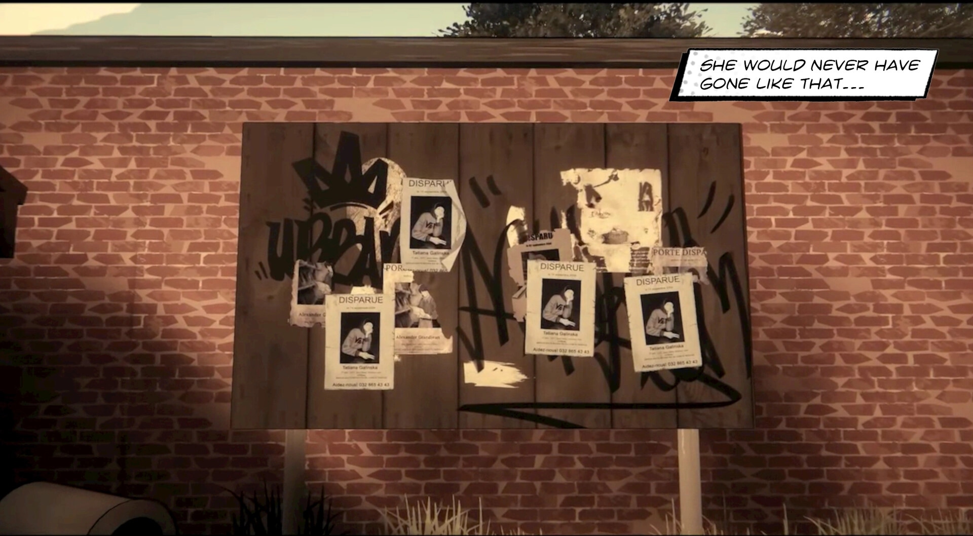 The Dropouts: Graffiti-covered board with missing posters on brick wall, thought bubble laments her fate.