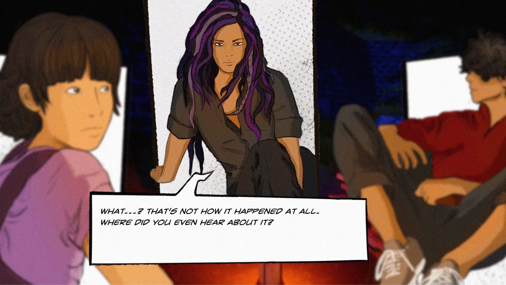 The Dropouts: Dialogue scene with three teens in a room, speech box questioning a rumor.