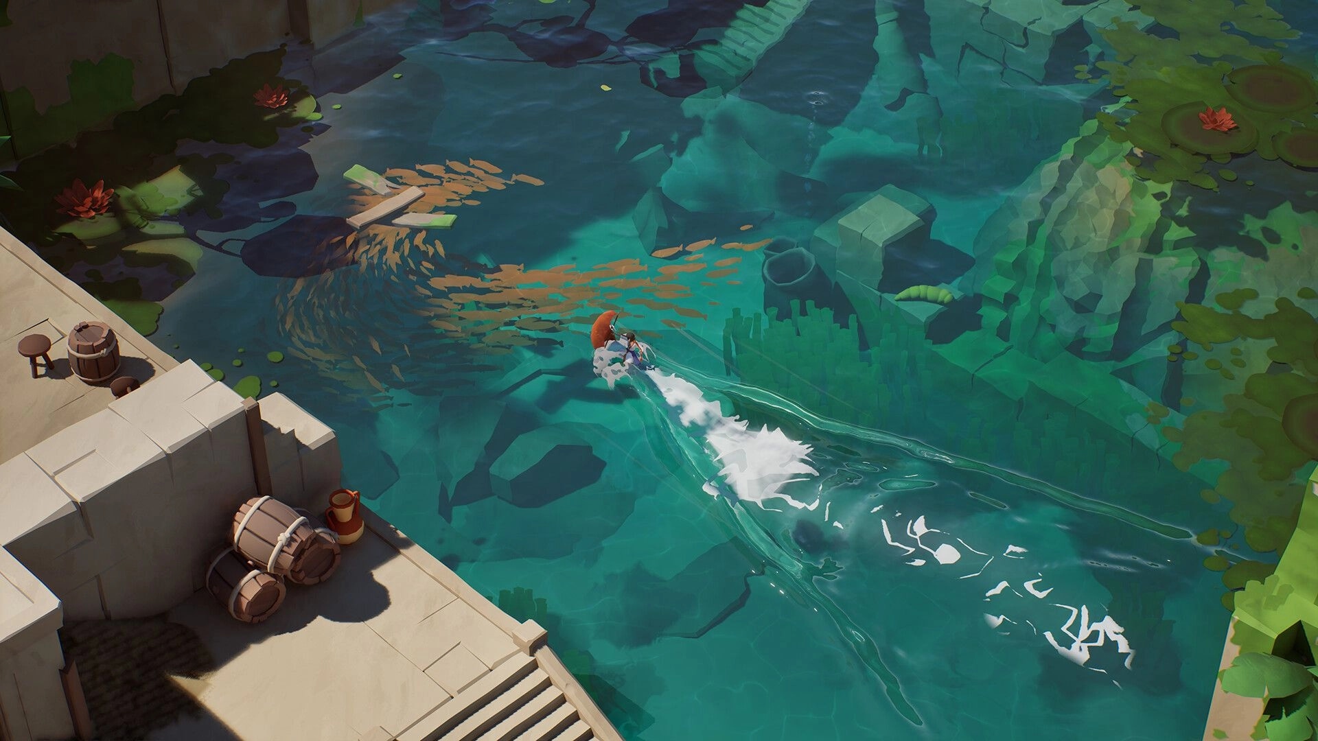 The Edge of Water: Girl surfing a wake past a school of fish in a clear lagoon by stone docks and lilies.