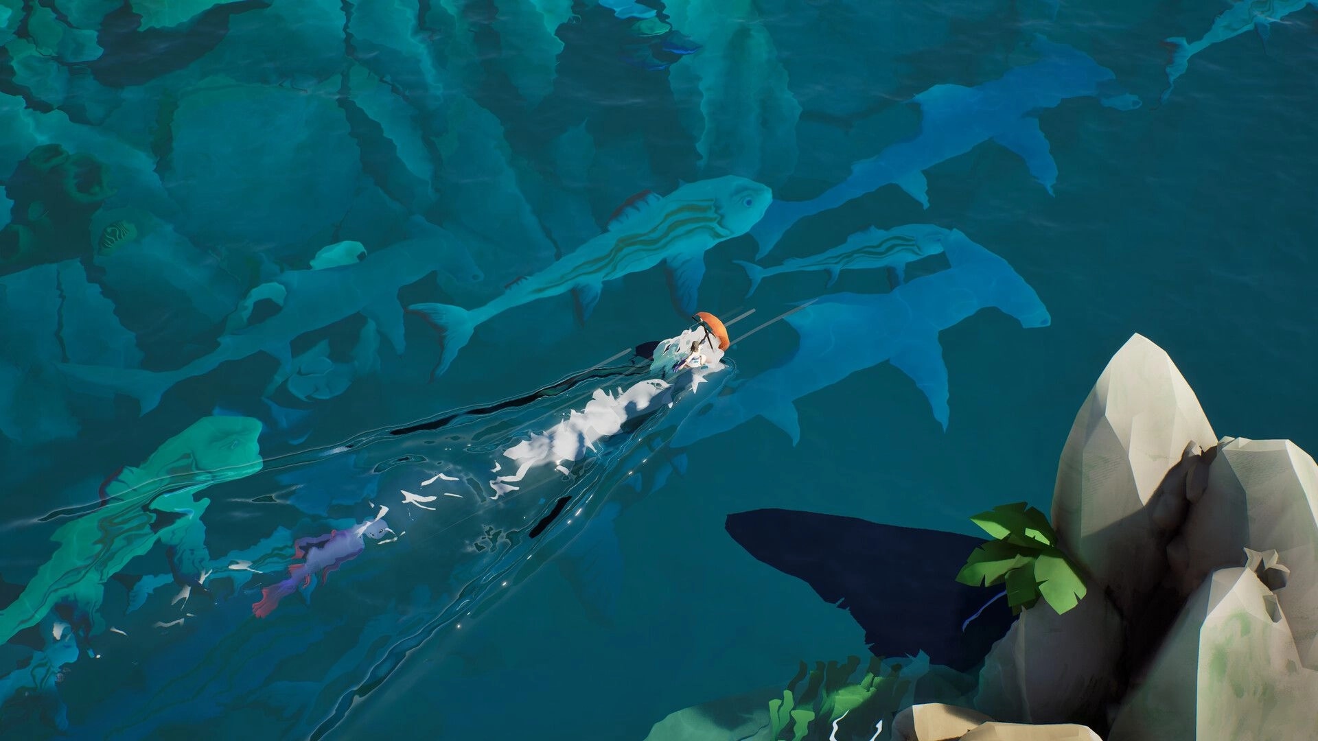 The Edge of Water: Girl surfs a wake over clear ocean, huge fish shadow beneath near rocky shore.