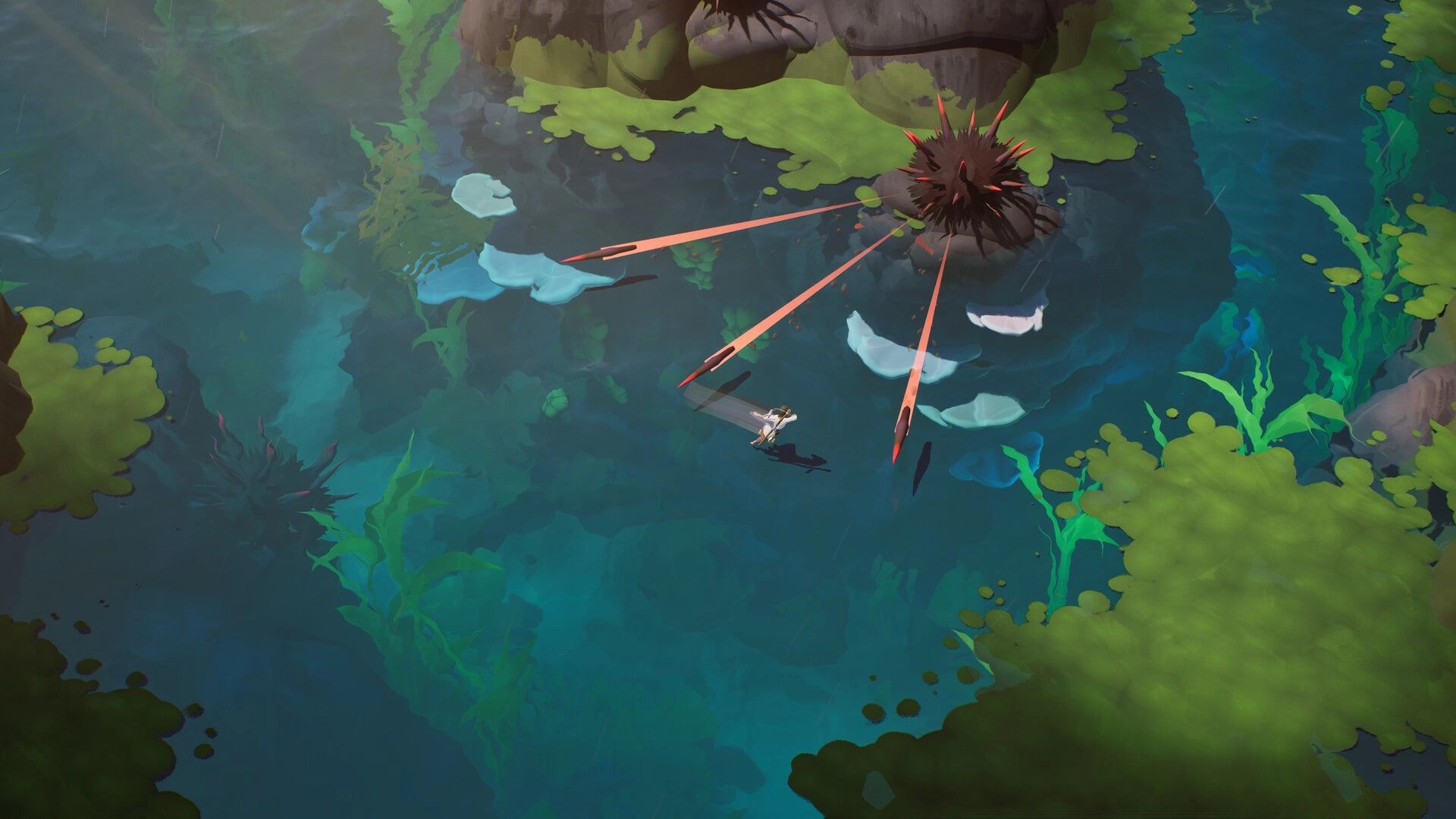 The Edge of Water: Player swims near spiky urchin hazard with red spikes in a lily pond lagoon.