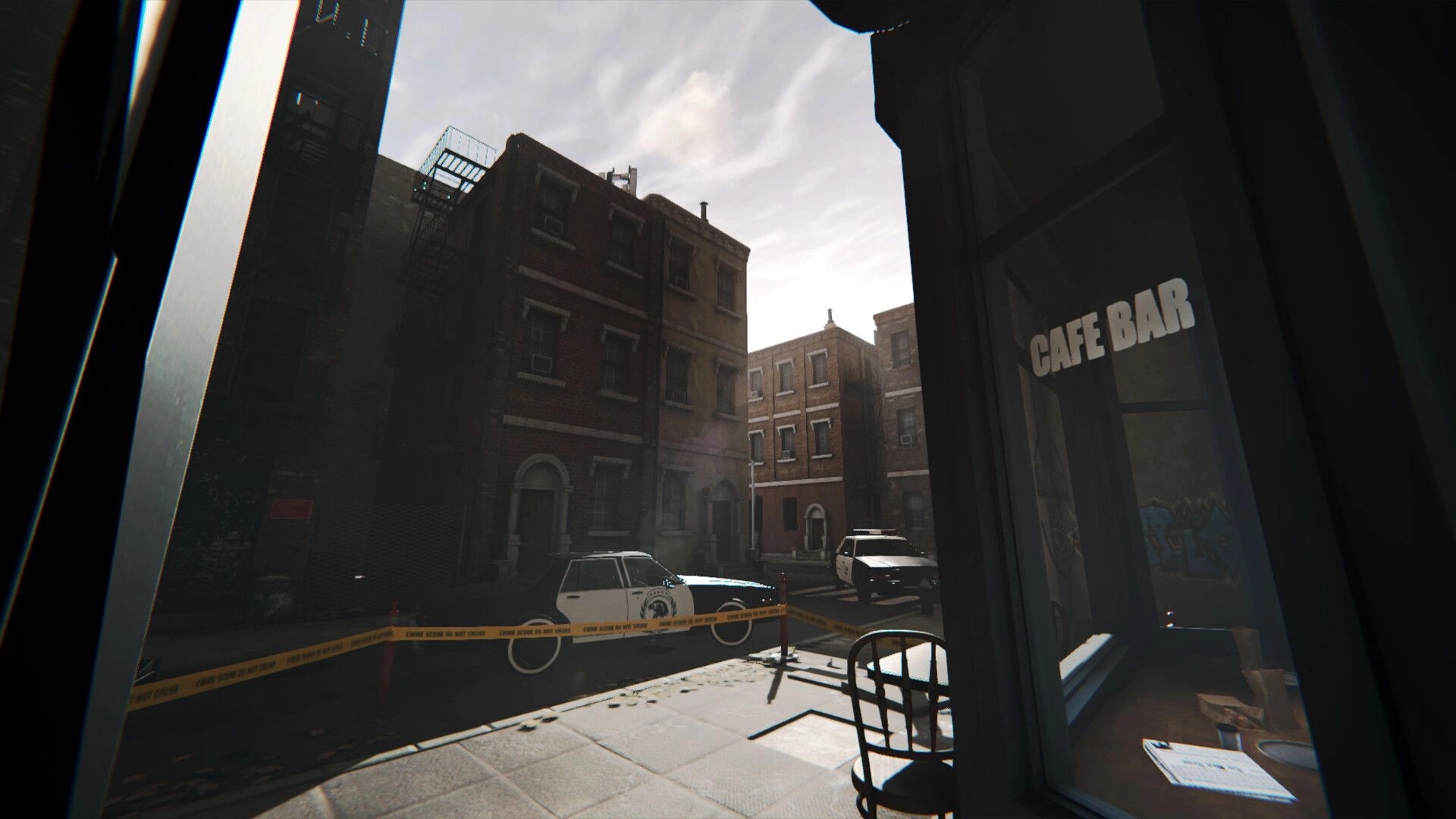 The Enigma Cases: Crime scene with police cars and caution tape near brick buildings and cafe bar window