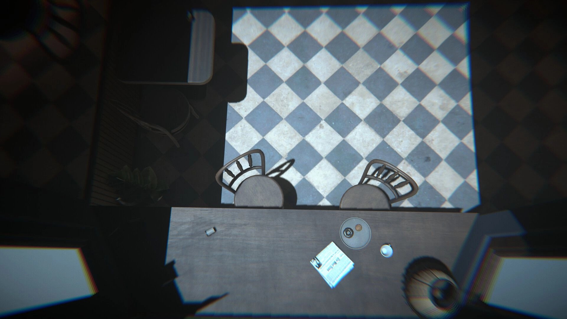 The Enigma Cases: Overhead view of a dimly lit room with a checkered floor and investigation clues on table