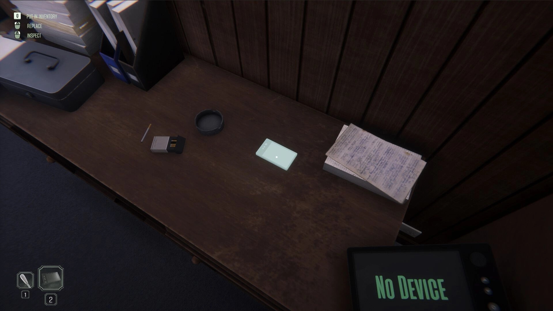 The Enigma Cases: Investigating a cluttered desk in an office with documents and a device screen saying "No Device"