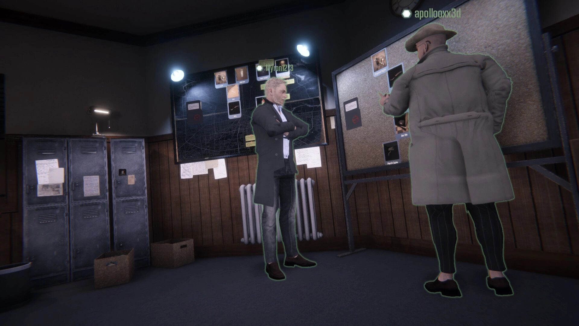 The Enigma Cases: Detectives analyzing evidence boards in a dimly lit office with lockers and papers