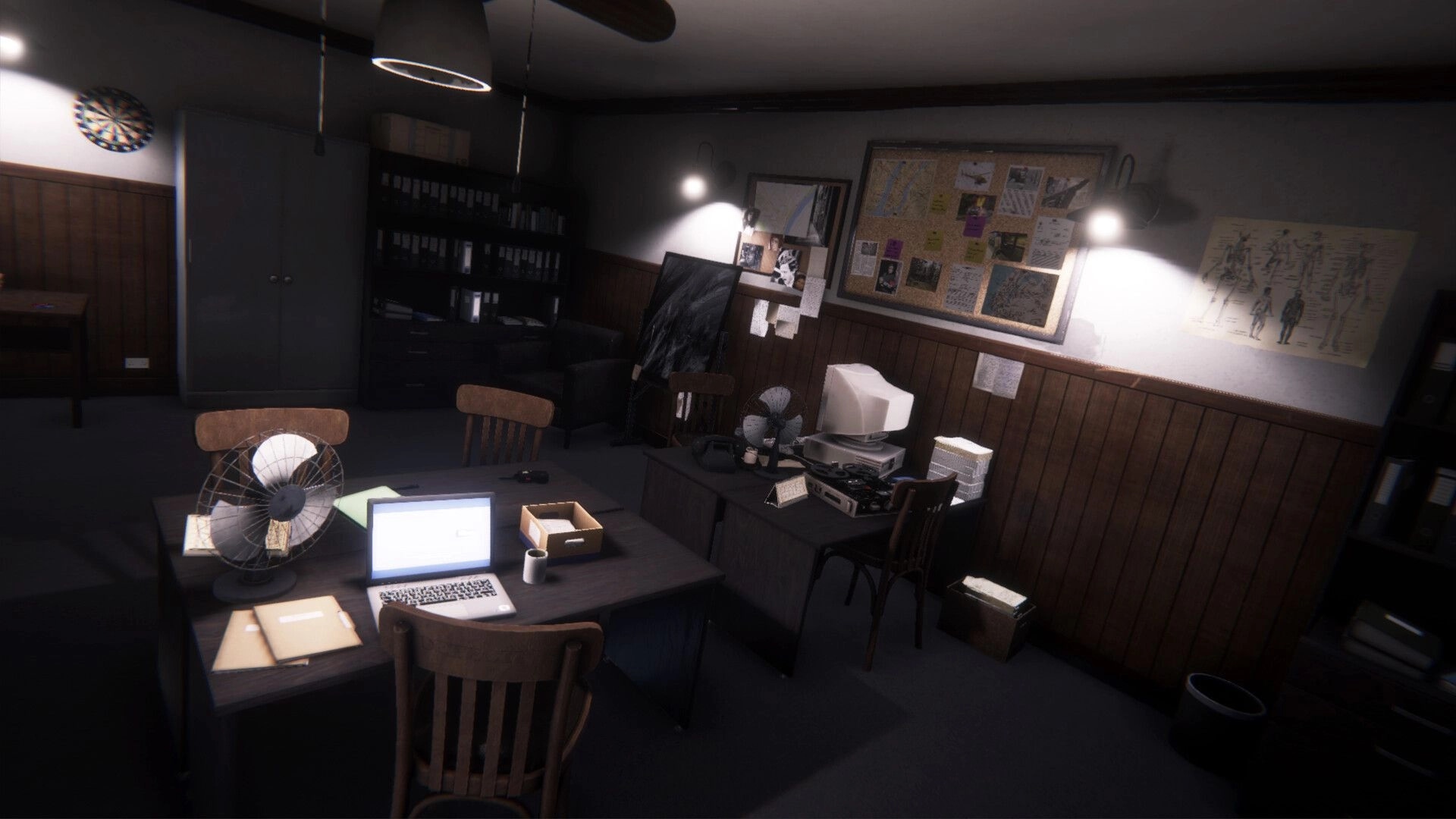 The Enigma Cases: Detective office with cluttered desks, bulletin board, and vintage equipment