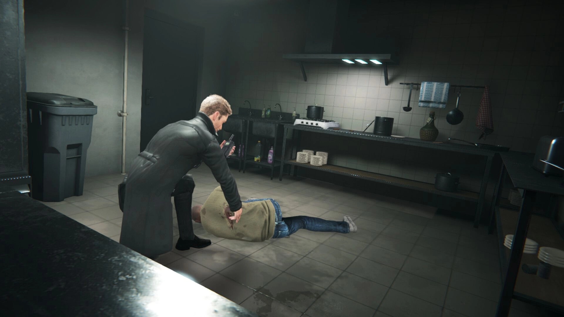The Enigma Cases: Detective examining a scene with a victim in a dimly lit kitchen environment.