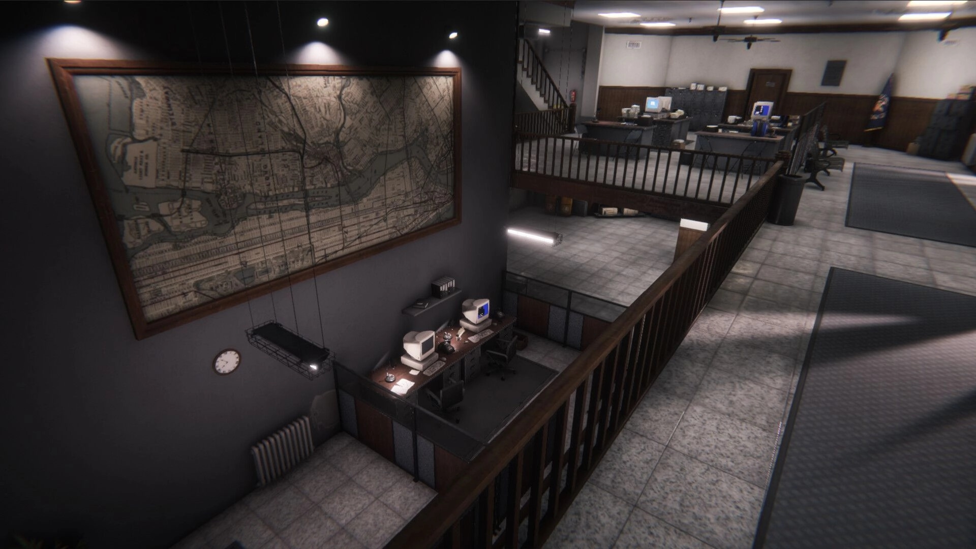 The Enigma Cases: Office interior with vintage computers and a large wall map on the mezzanine level