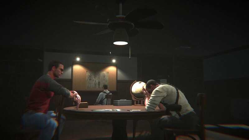The Enigma Cases: Three detectives ponder clues at a dimly lit table in a shadowy investigation room.