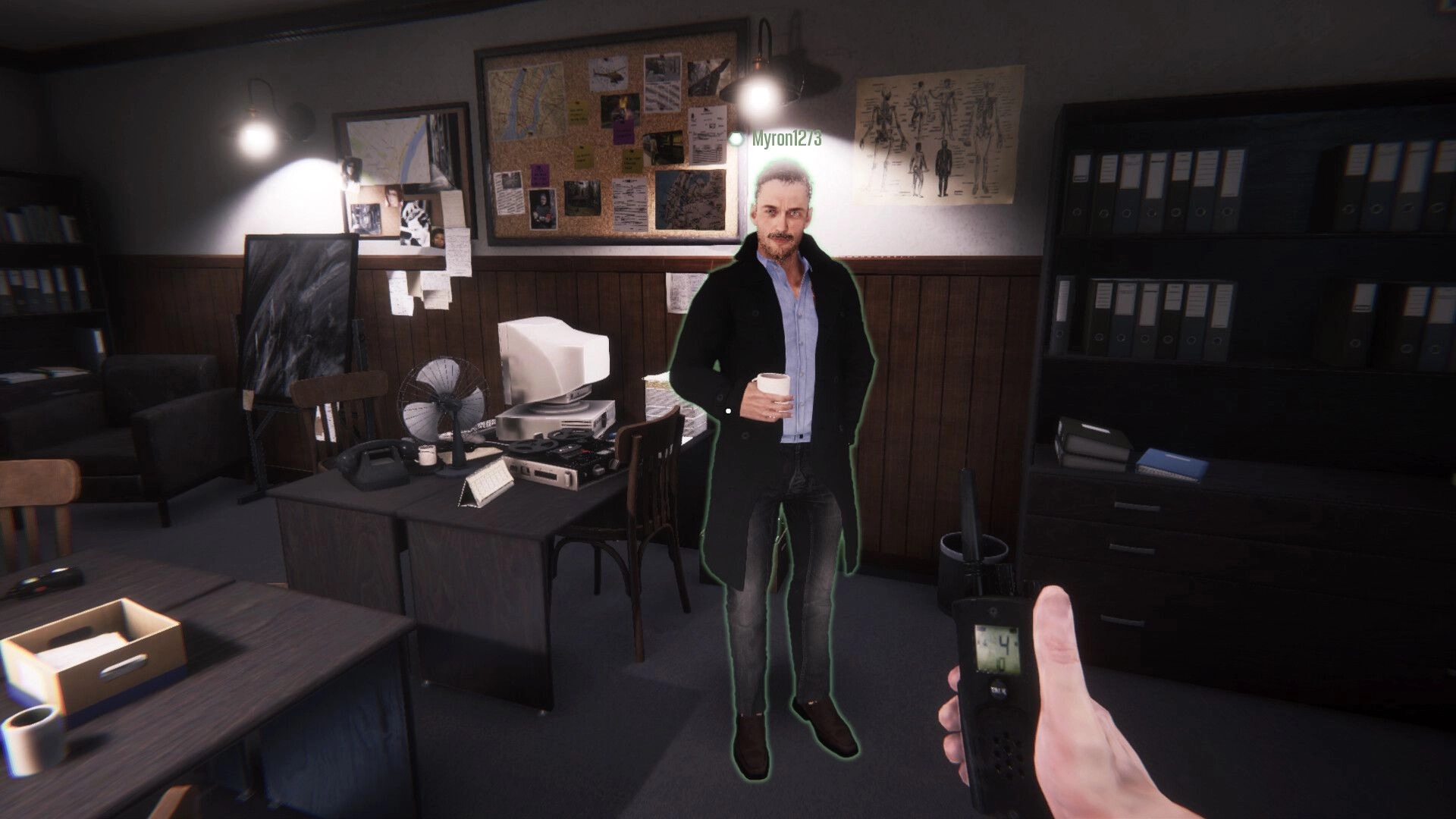 The Enigma Cases: Detective Myron1273 stands in office holding cup, surrounded by investigation clues