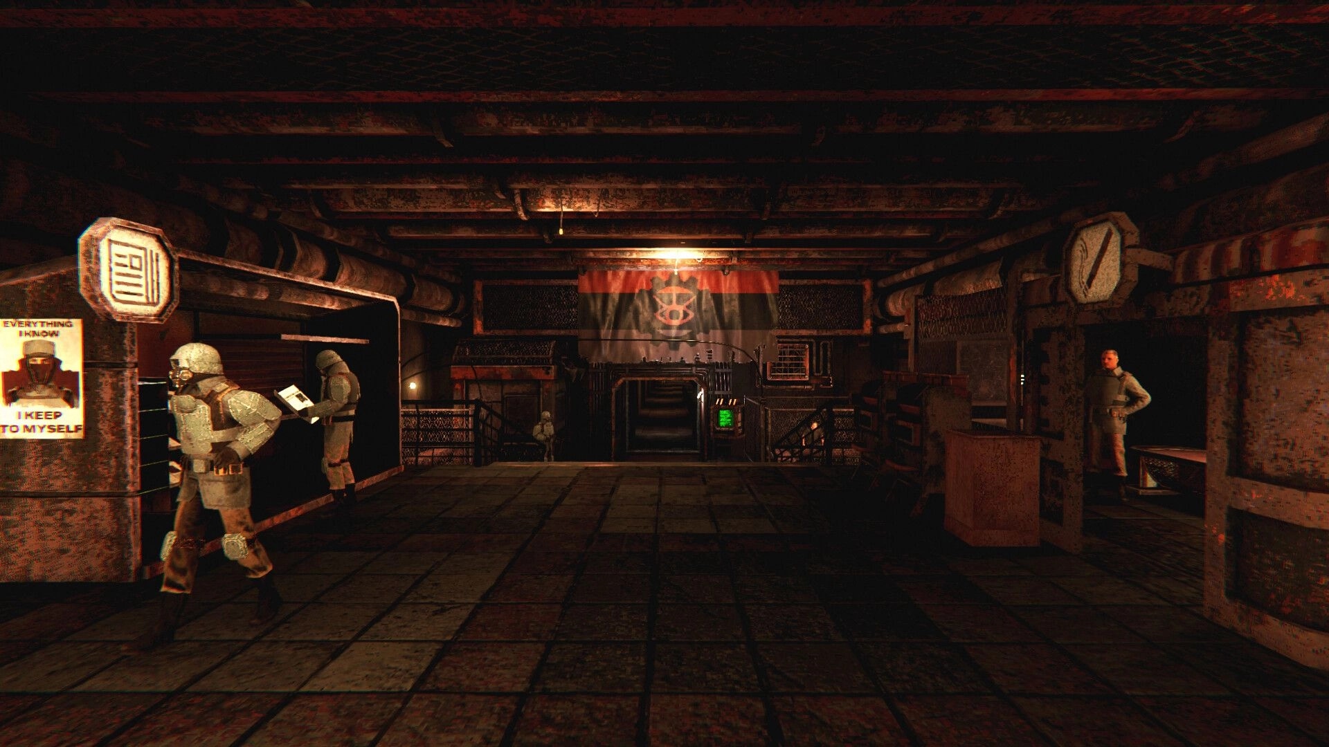 THE FATUM: Armored guards patrol a rusty bunker corridor with propaganda posters and a red banner.