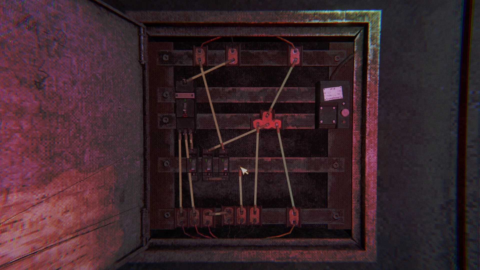 THE FATUM: Wiring puzzle panel with connected cables and switches inside a rusty electrical box.