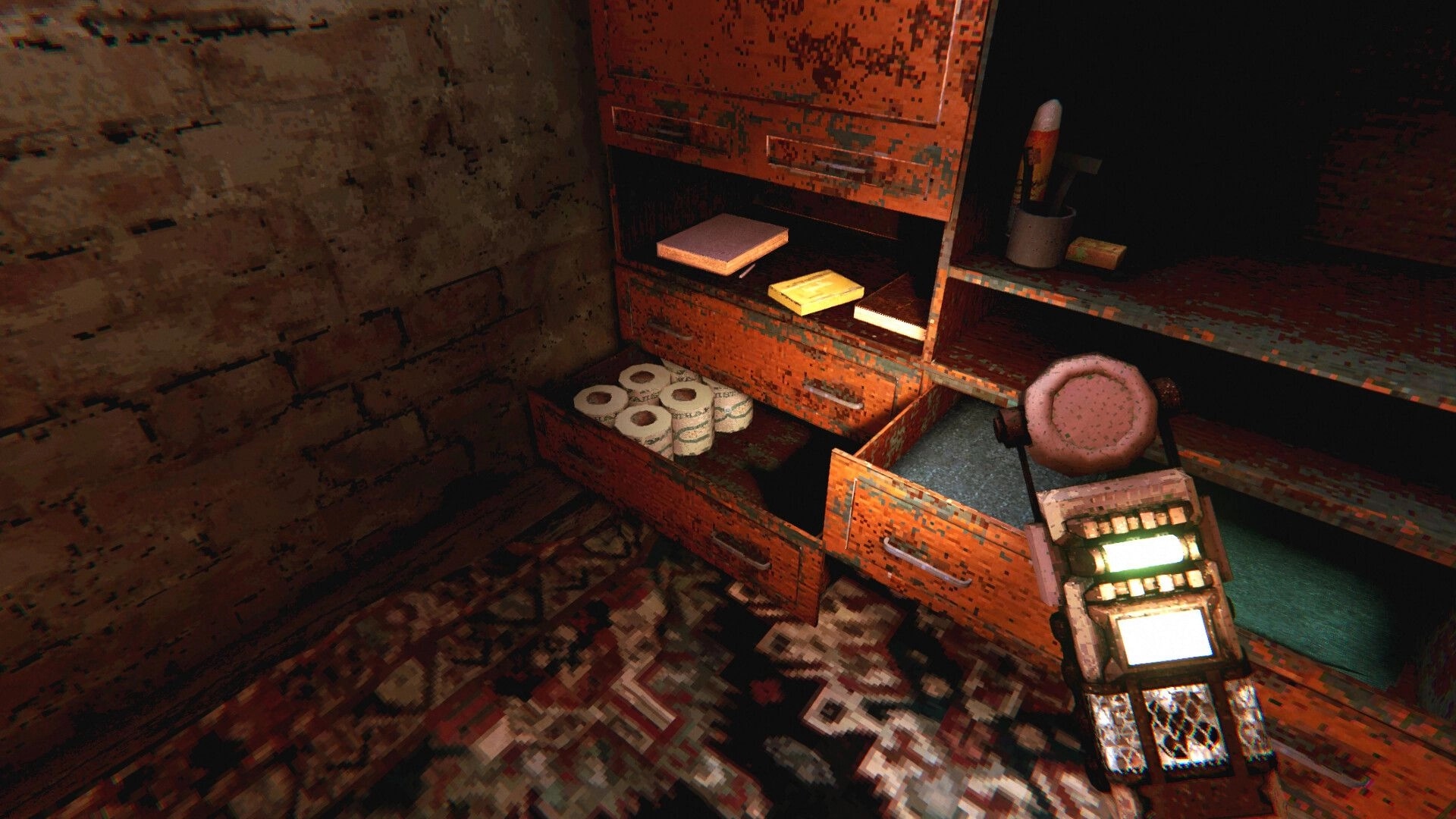 THE FATUM: Exploring open rusty drawers with books and toilet rolls in a grim brick storage room.