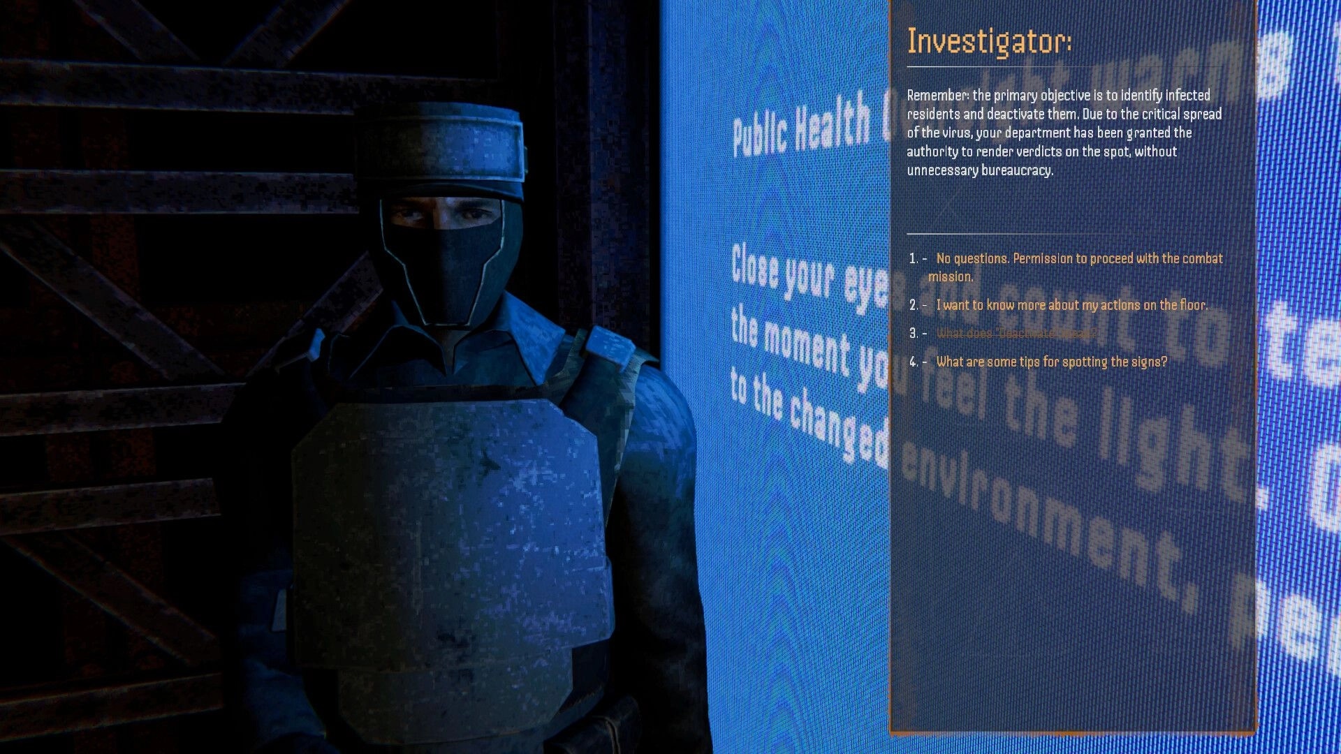 THE FATUM: Masked guard beside Investigator dialogue choices in a blue public health corridor.