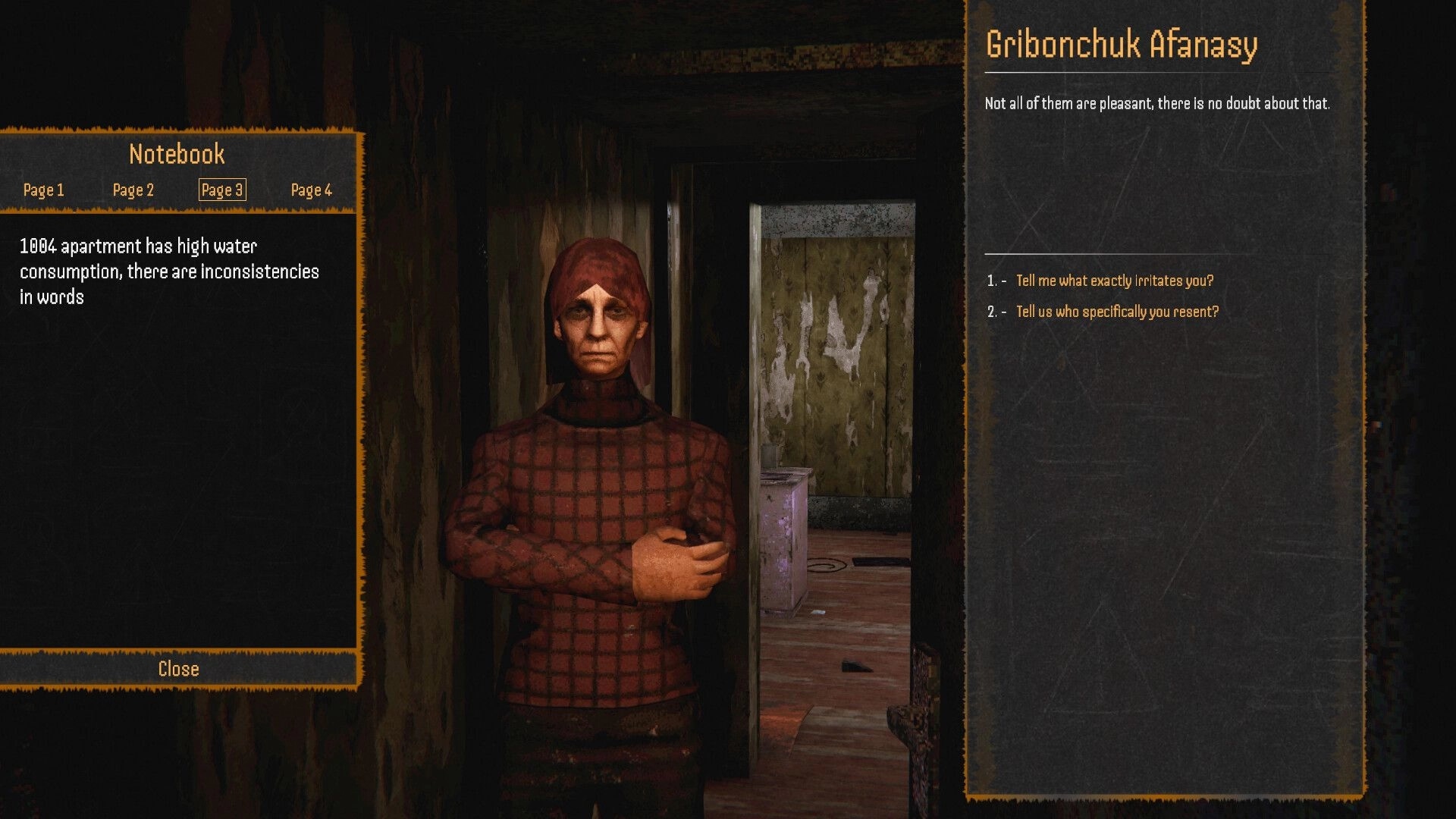 THE FATUM: Interrogation dialogue with Gribonchuk Afanasy and notebook notes in a shabby room.