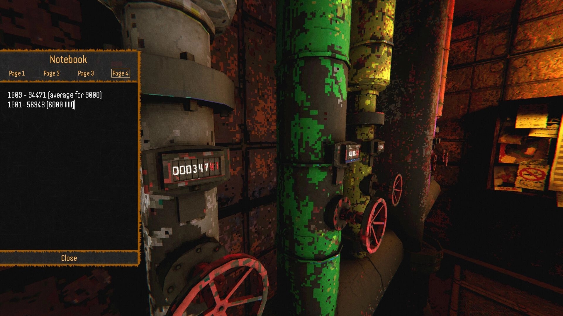 THE FATUM: Notebook page with numeric codes beside pipe gauges and valves in a rusty utility room.