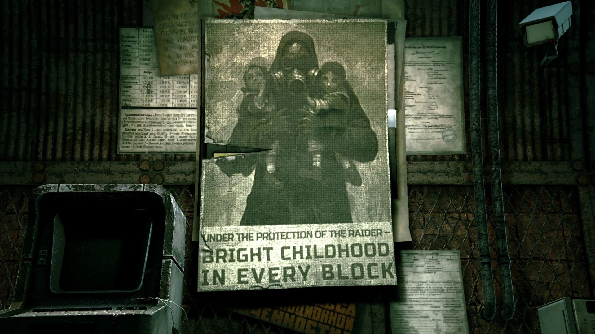 THE FATUM: Propaganda poster of masked figure on bulletin wall beside CCTV camera in grim office.