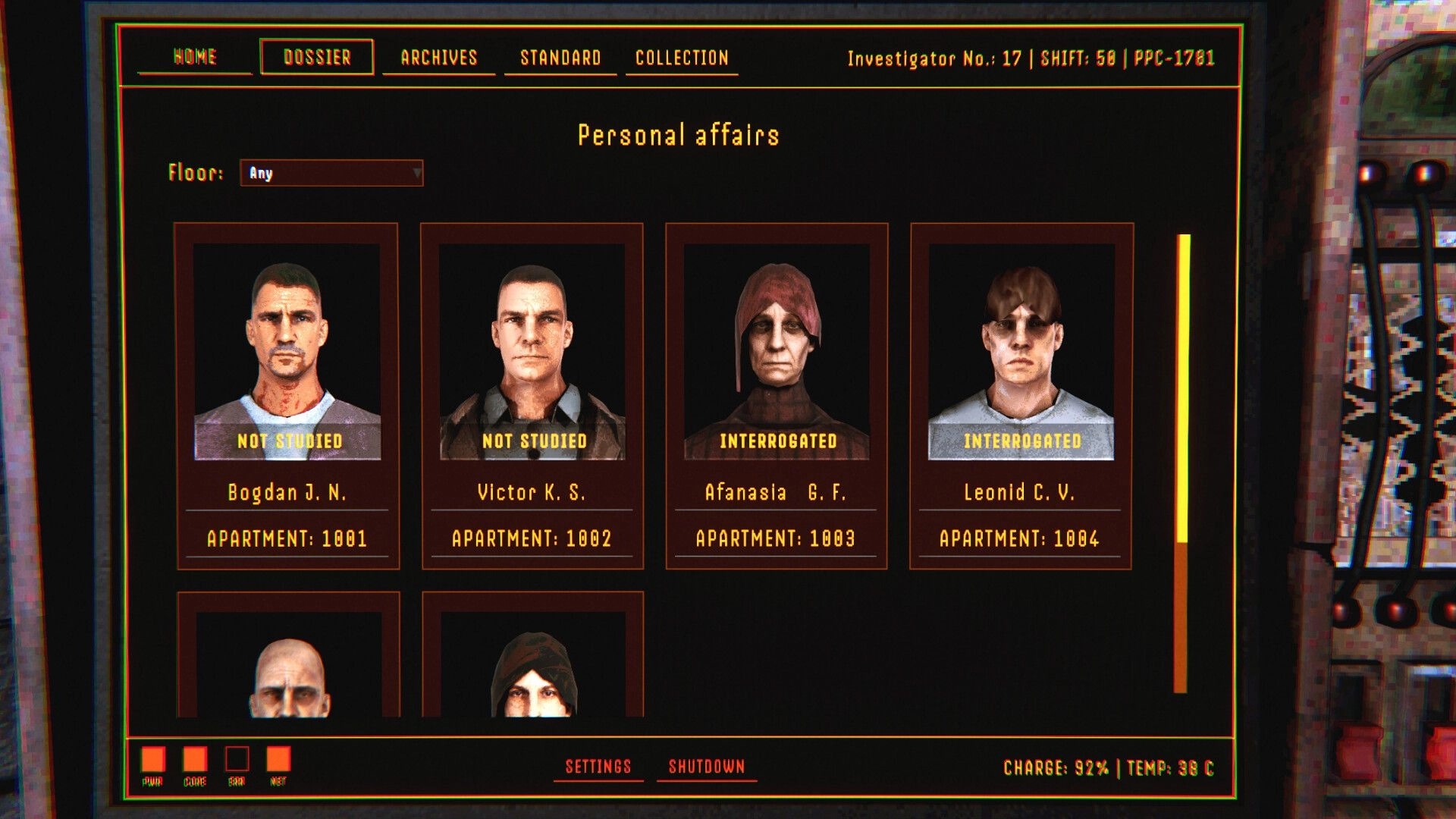 THE FATUM: Dossier menu listing resident portraits with studied/interrogated status in personal affairs tab.