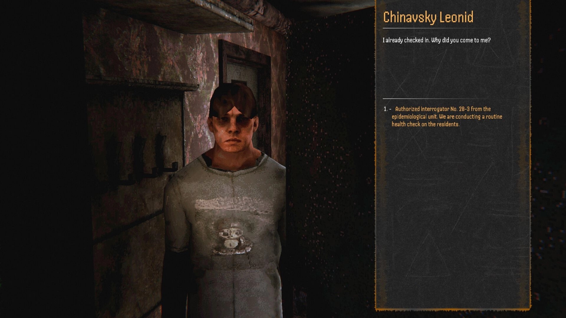 THE FATUM: Dialogue choice with Chinavsky Leonid in a grimy corridor, interrogation text panel open.