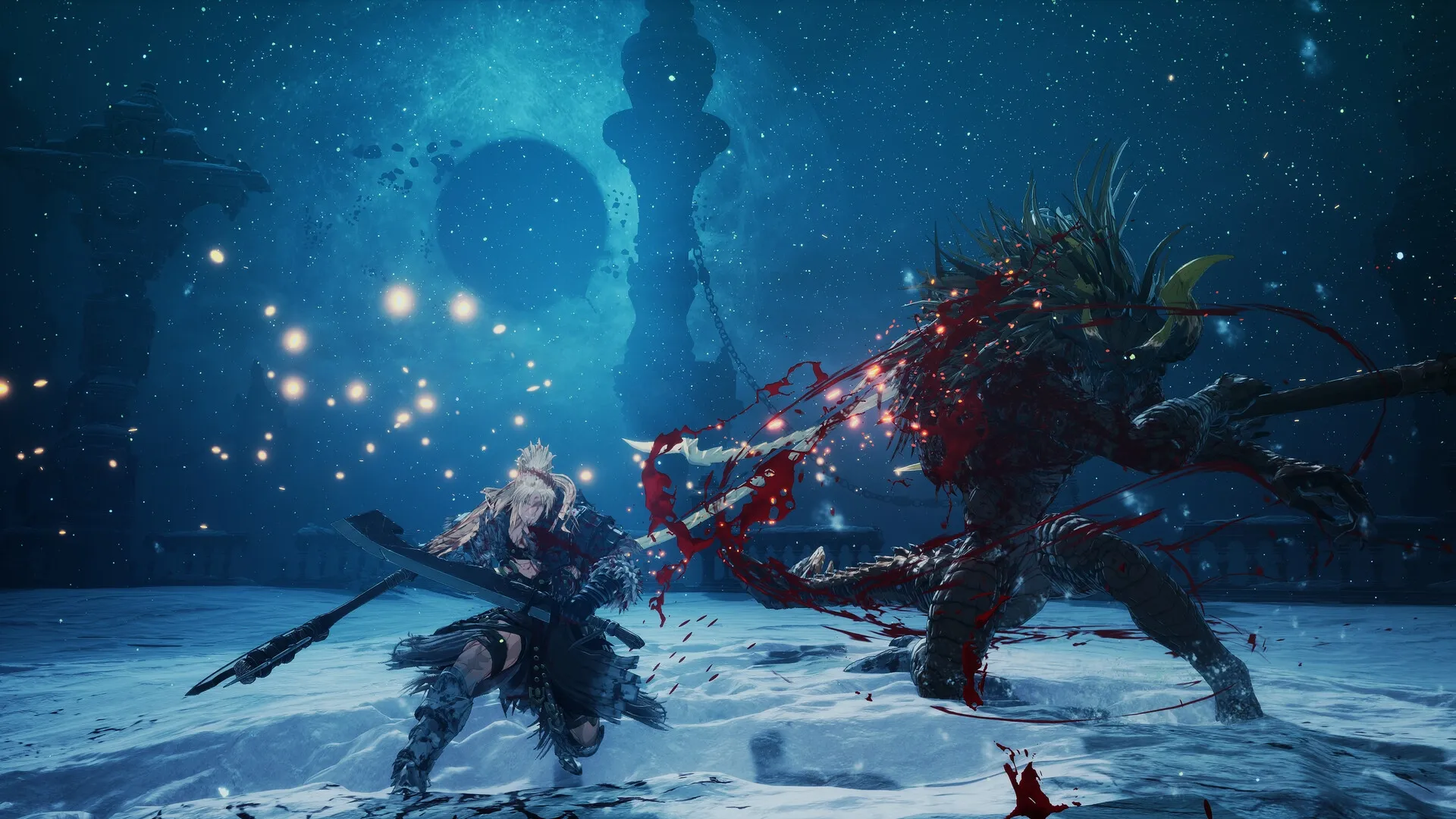 The First Berserker: Khazan battling a monstrous enemy in a snowy, mystical night under a starry sky.