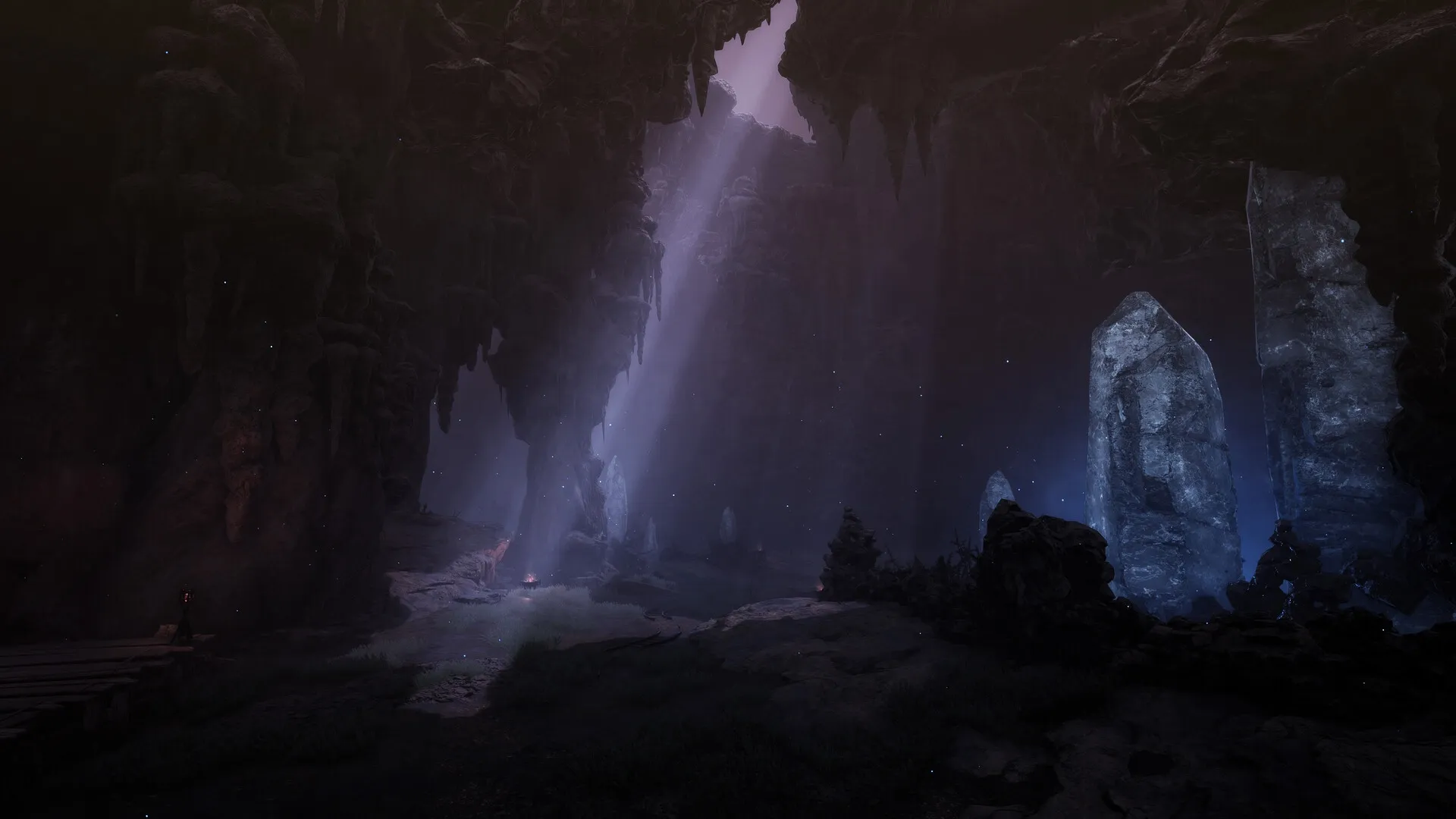 The First Berserker: Mysterious cave with glowing crystals and rays of light penetrating the darkness