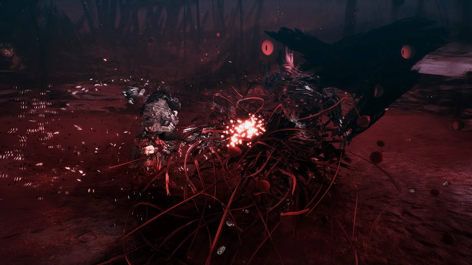 The First Berserker: Khazan battling monstrous creature in a dark, crimson-hued battlefield.