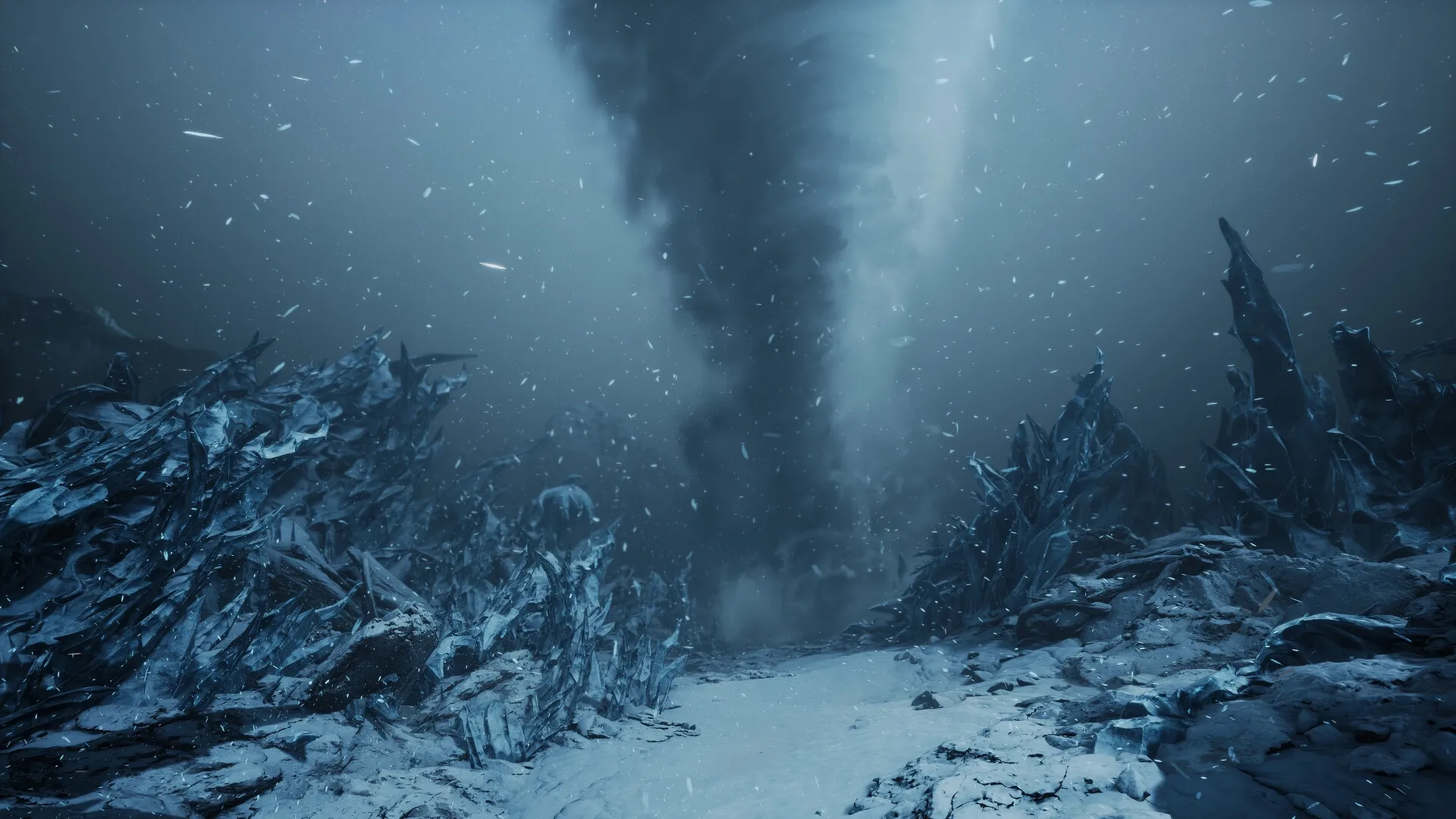 The First Berserker: Icy landscape with a towering snow vortex spiraling amidst jagged icy formations