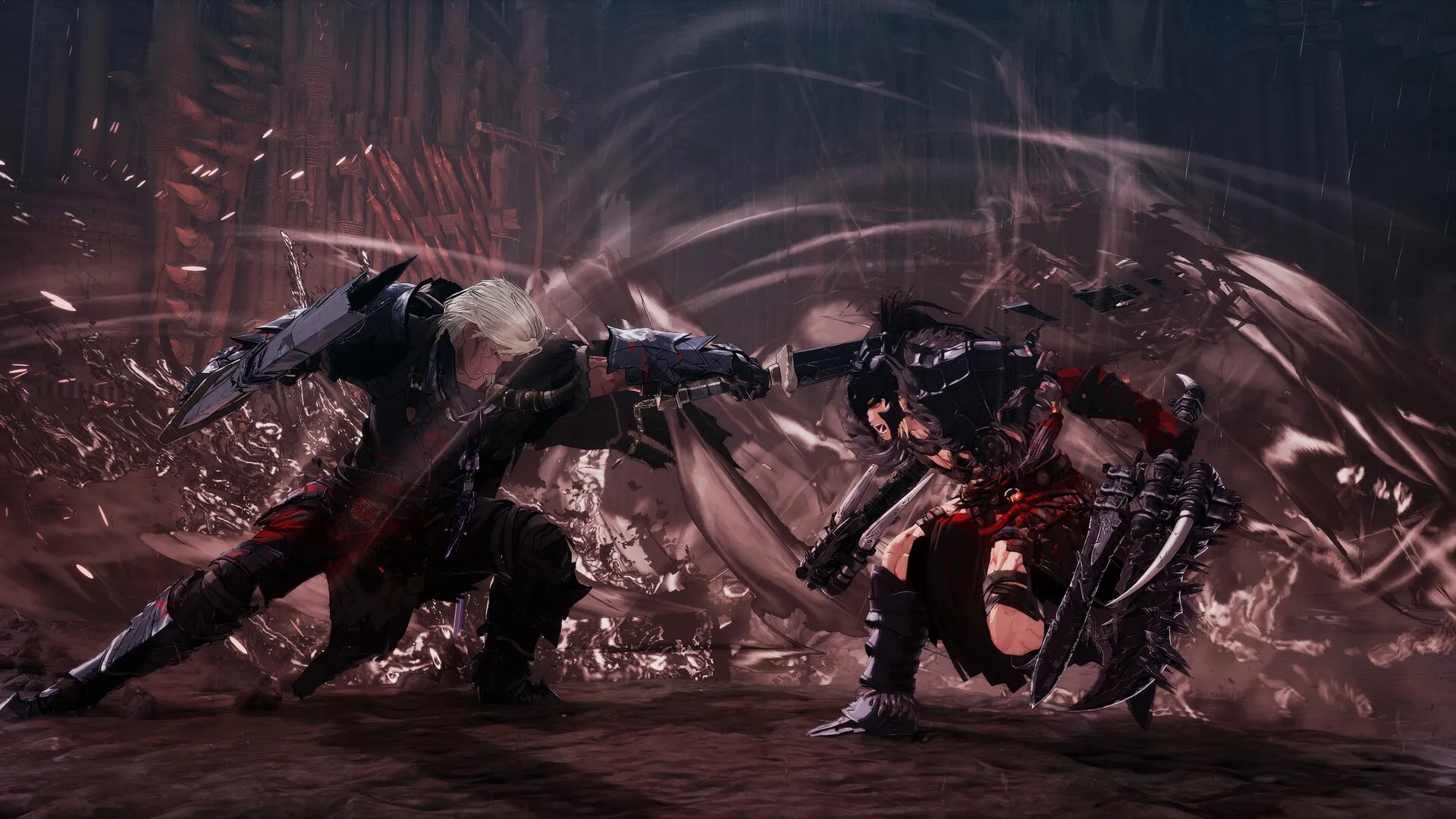 The First Berserker: Intense duel between armored warriors in a dimly lit, debris-filled arena.