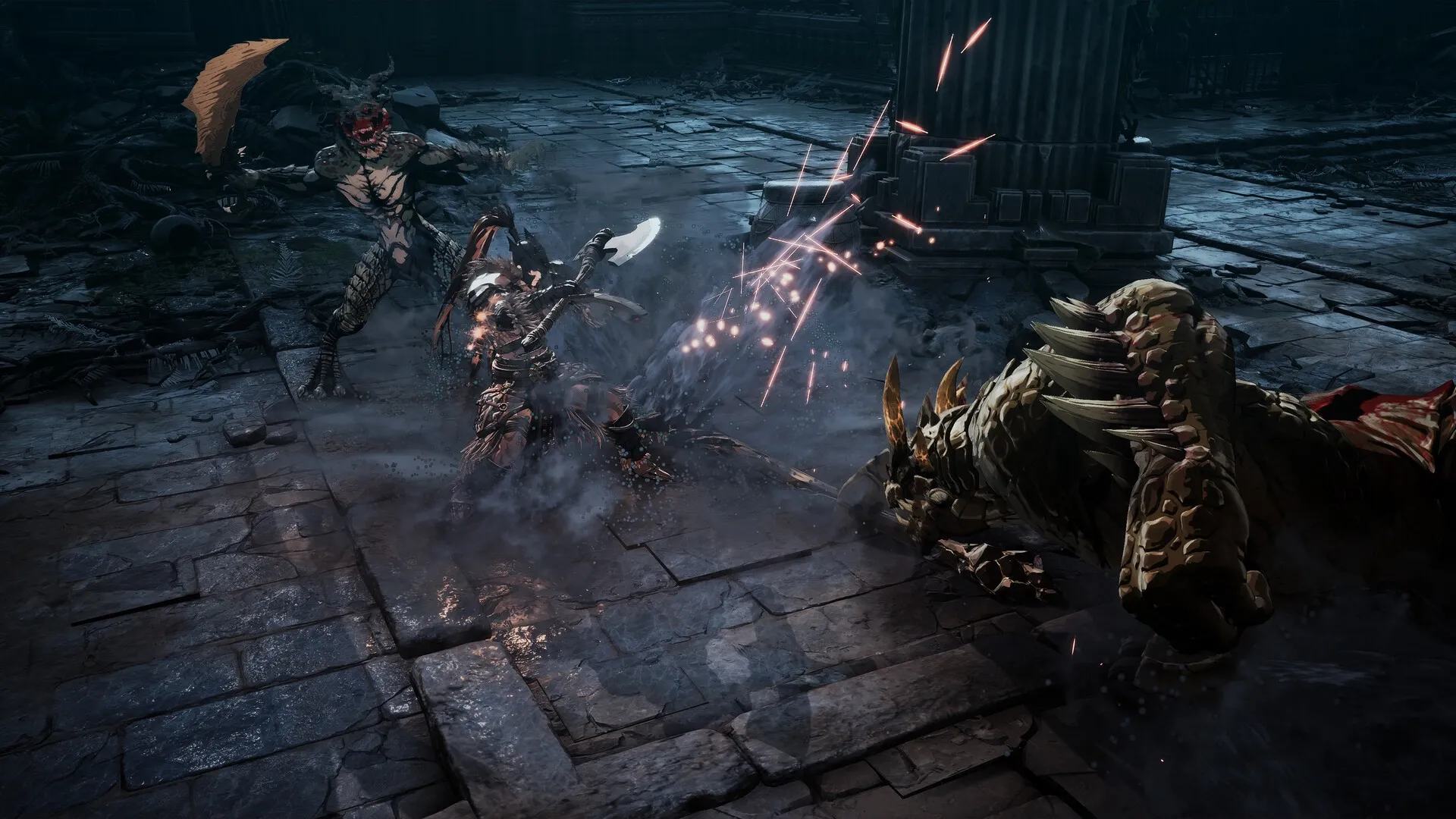 The First Berserker: Khazan battles two fierce enemies in a dark, ruined stone courtyard.