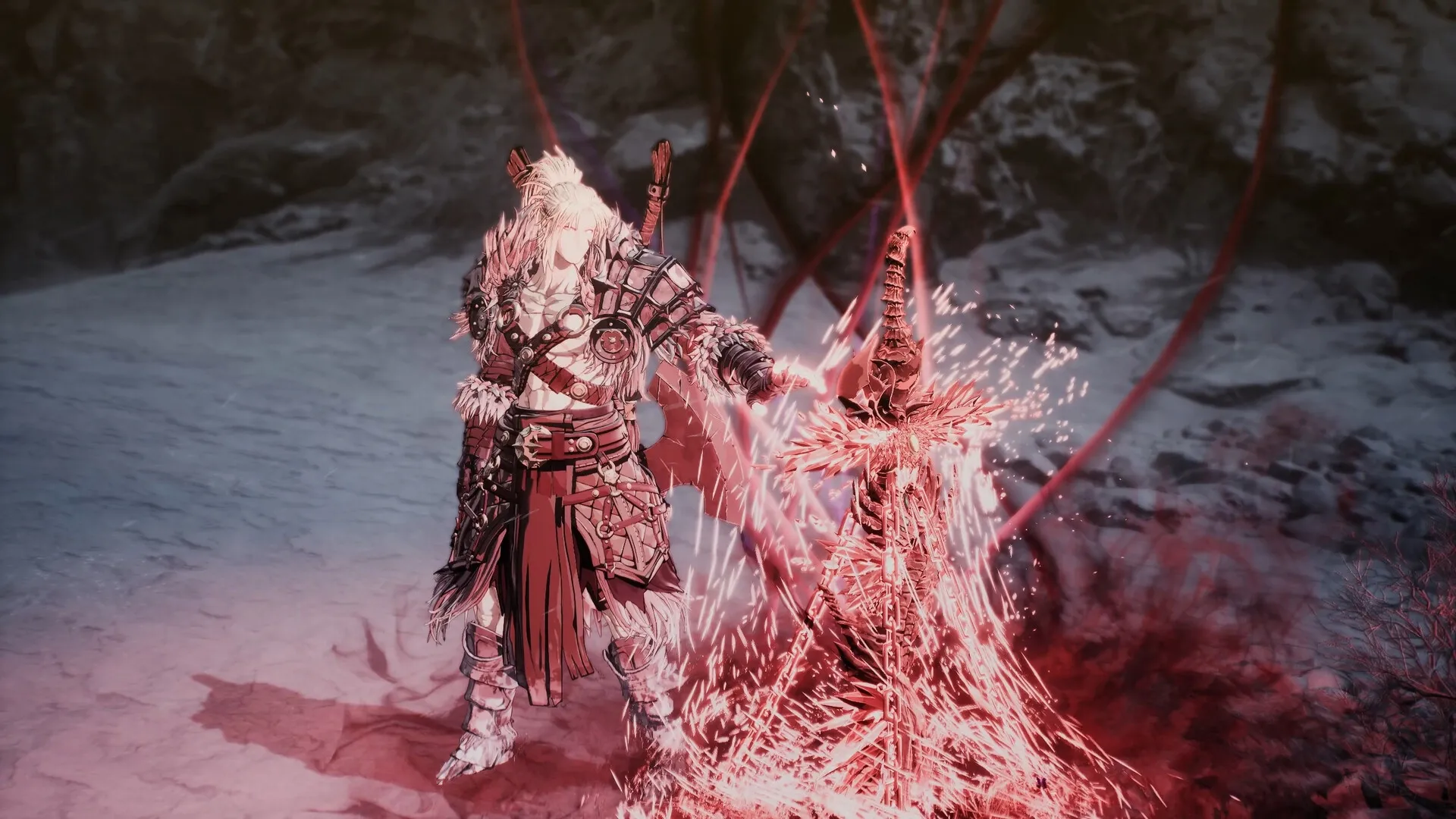 The First Berserker: Khazan wielding a glowing, fiery sword in a snowy, desolate battlefield.