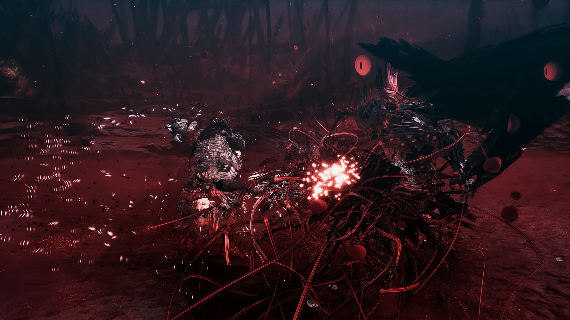 The First Berserker: Khazan battles a shadowy creature in a dark, swirling red environment.