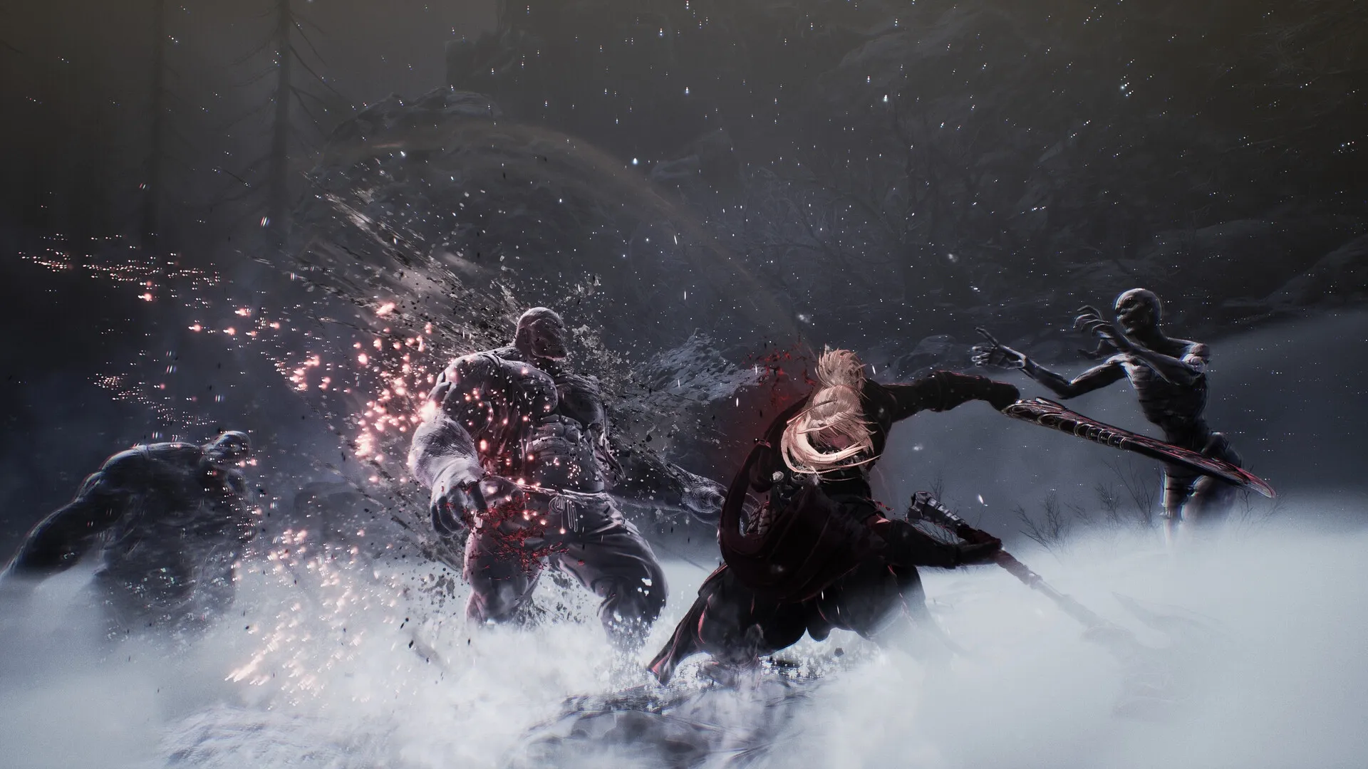 The First Berserker: Khazan battles multiple enemies in a snowy, dark forest environment.