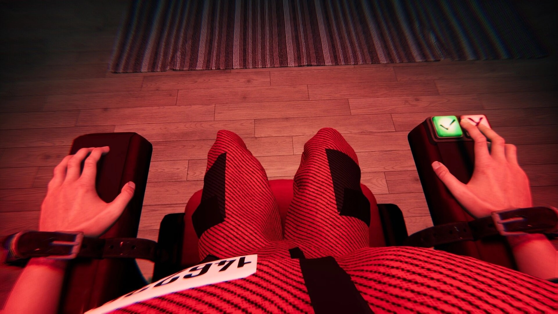The Floor Above: Player in red-striped suit seated with buttons on armrests in a dimly lit wooden room