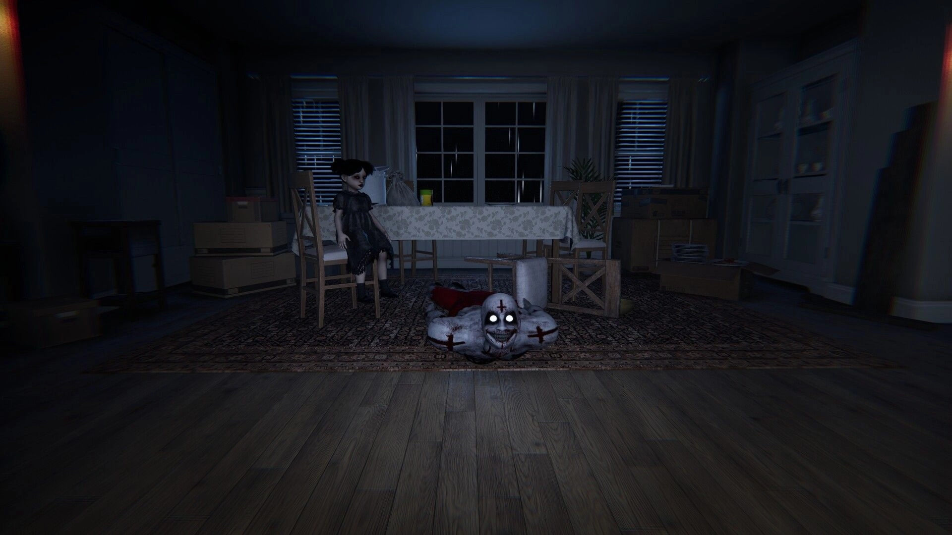 The Floor Above: Creepy doll-like figure and terrifying creature in dimly lit, cluttered living room