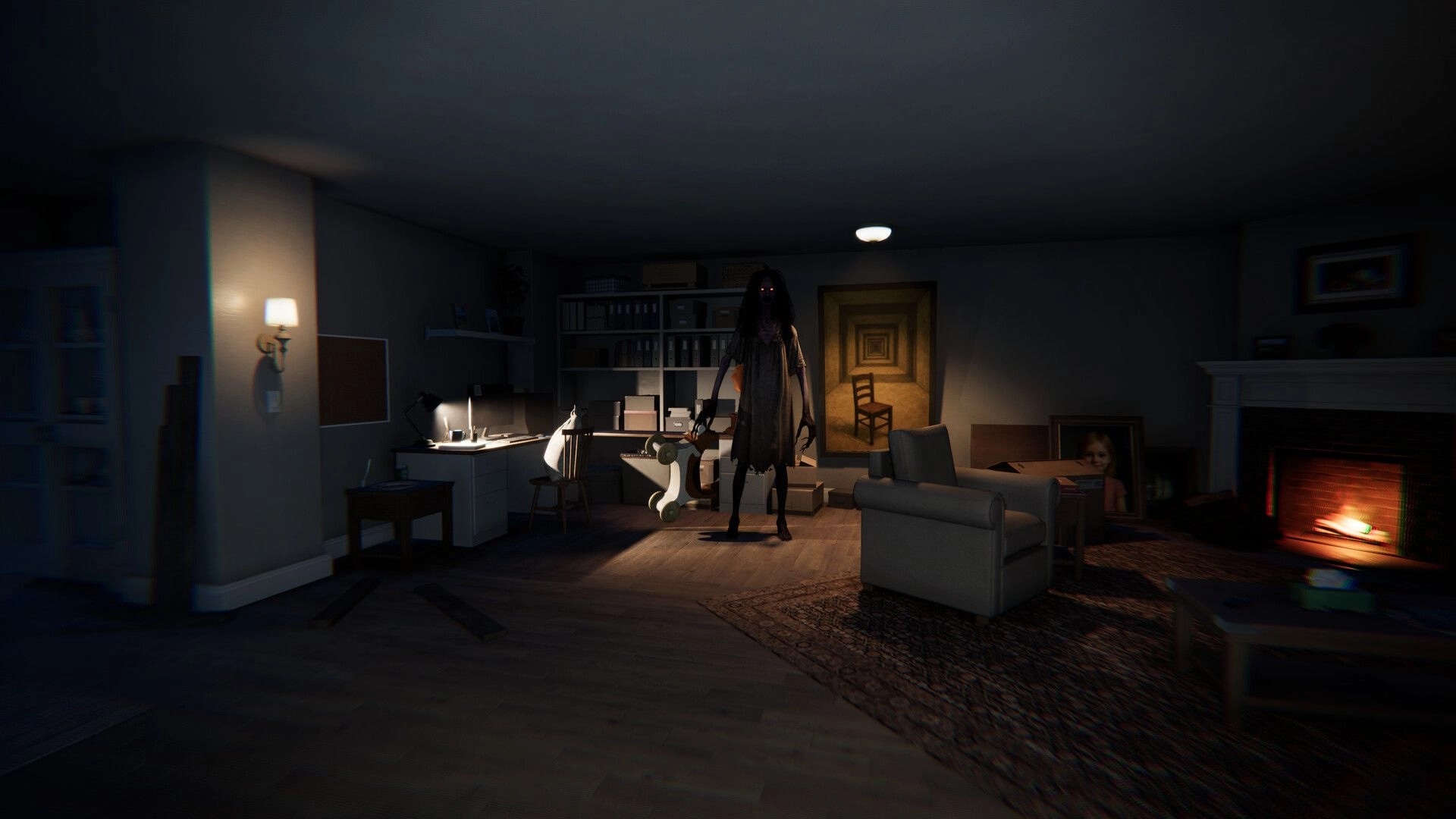 The Floor Above: Dark figure in dimly lit living room near fireplace, surrounded by scattered furniture