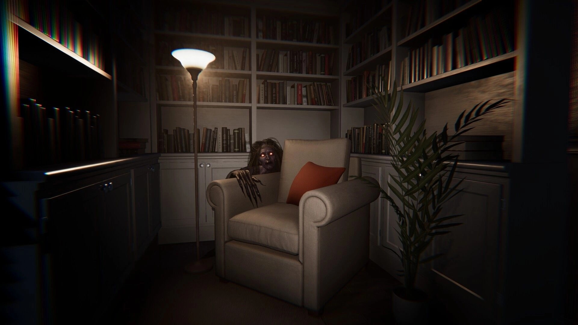 The Floor Above: Creepy figure with glowing eyes hides behind armchair in dimly lit library room