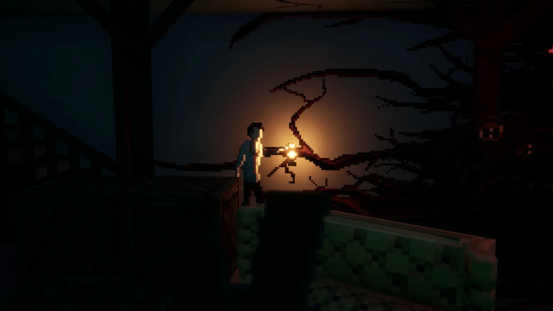 The Fractured Shimmer: Eddy explores dim room with lantern, casting shadows on walls with dark patterns