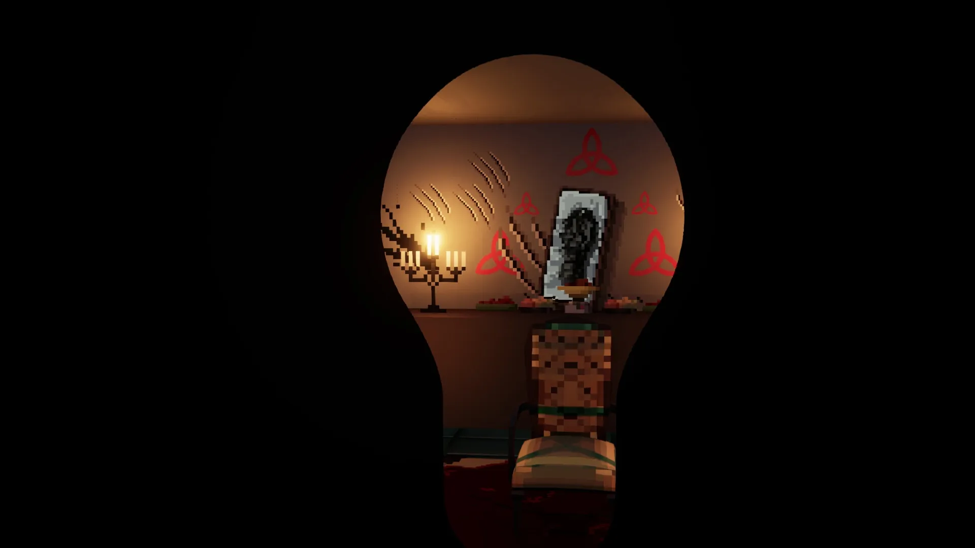 The Fractured Shimmer: View through keyhole showing eerie room with chair, candles, and strange symbols.