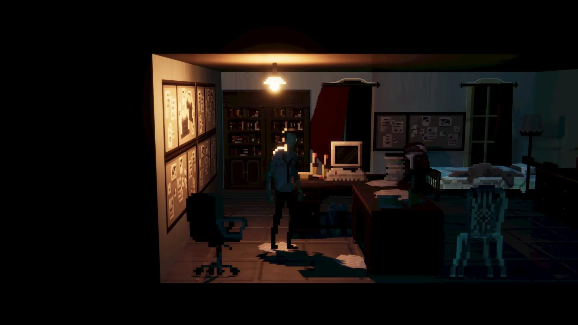The Fractured Shimmer: Eddy investigates dimly lit office with computer and documents scattered around.