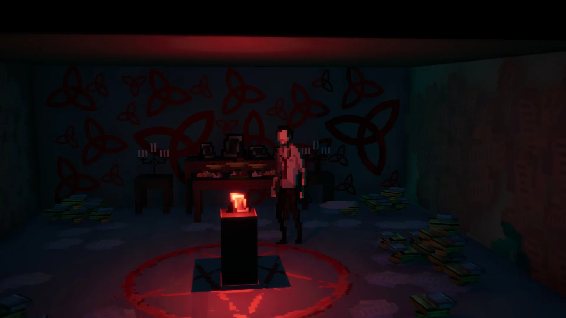 The Fractured Shimmer: Eddy stands in a dim room with red symbols and a candlelit altar in the center.