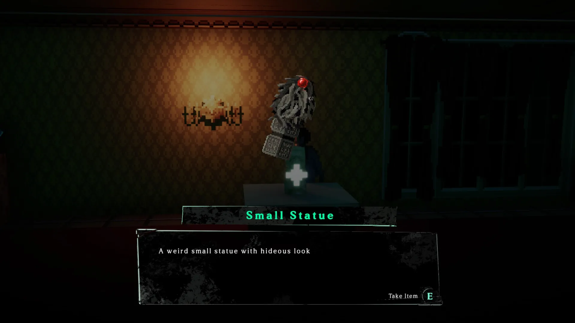 The Fractured Shimmer: Eddy examines eerie small statue in dimly lit room with glowing wall sconce