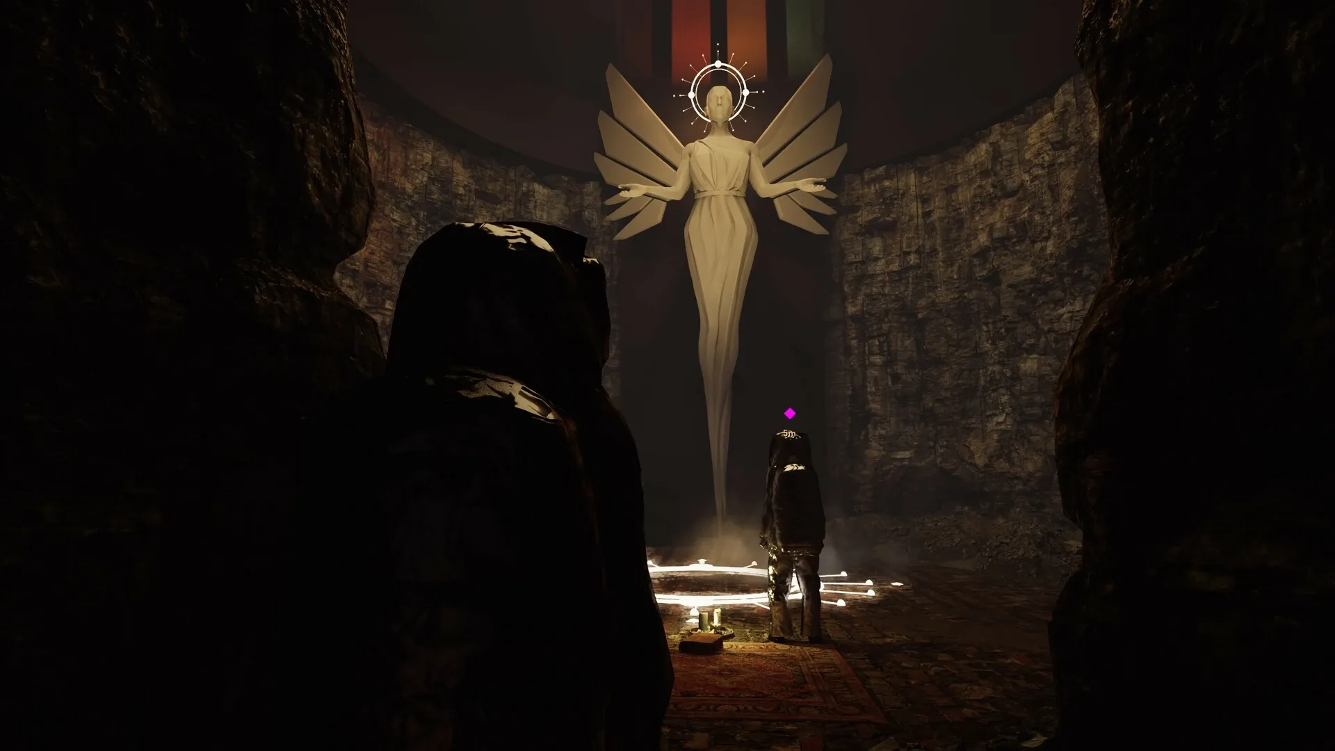 The Gold River Project: Hooded characters face a giant angel statue in a dimly lit cavern setting.