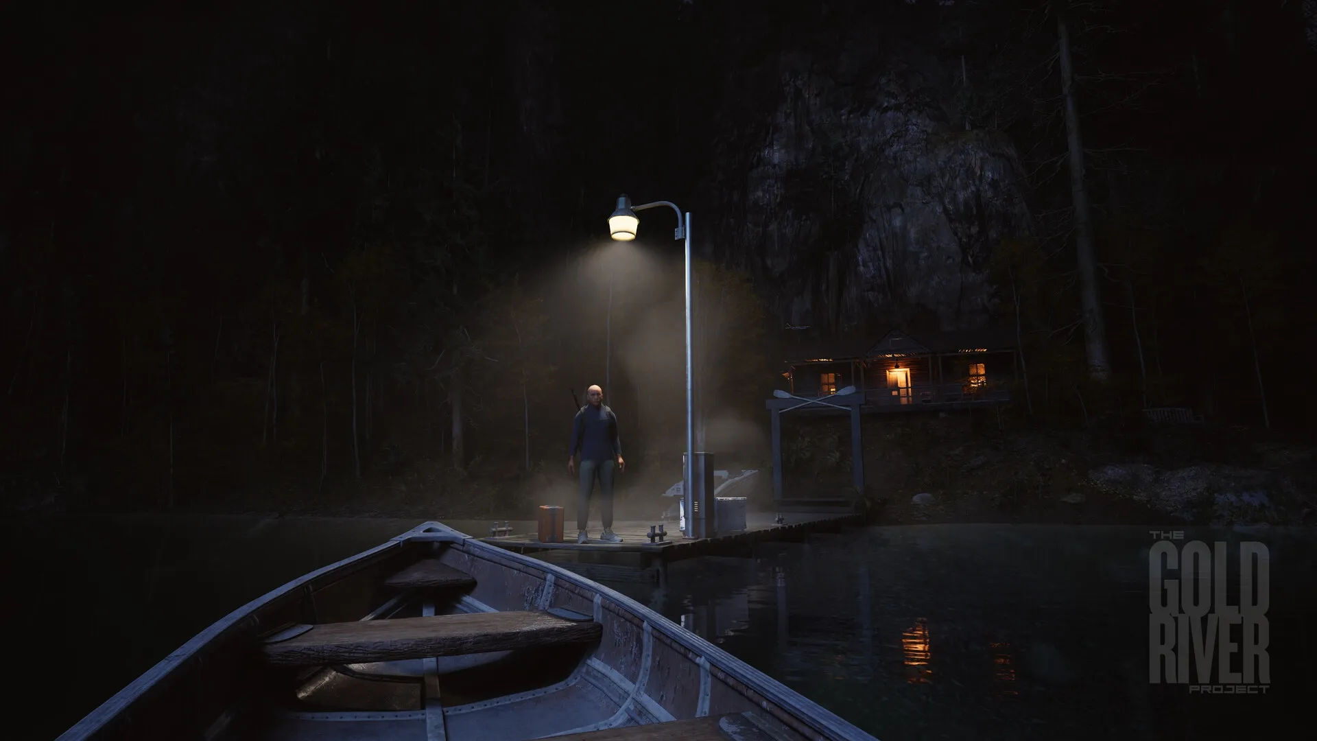 The Gold River Project: Character standing under lamp post on dock at night near illuminated cabin