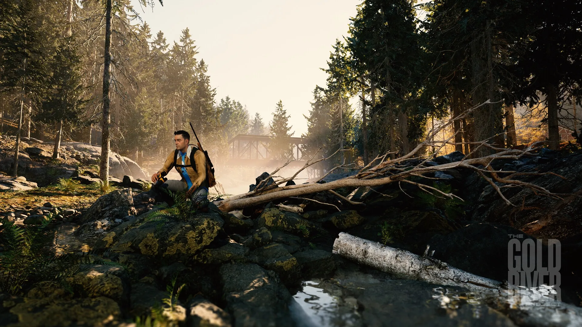 The Gold River Project: Character crouching by a stream in a dense forest with a distant wooden bridge