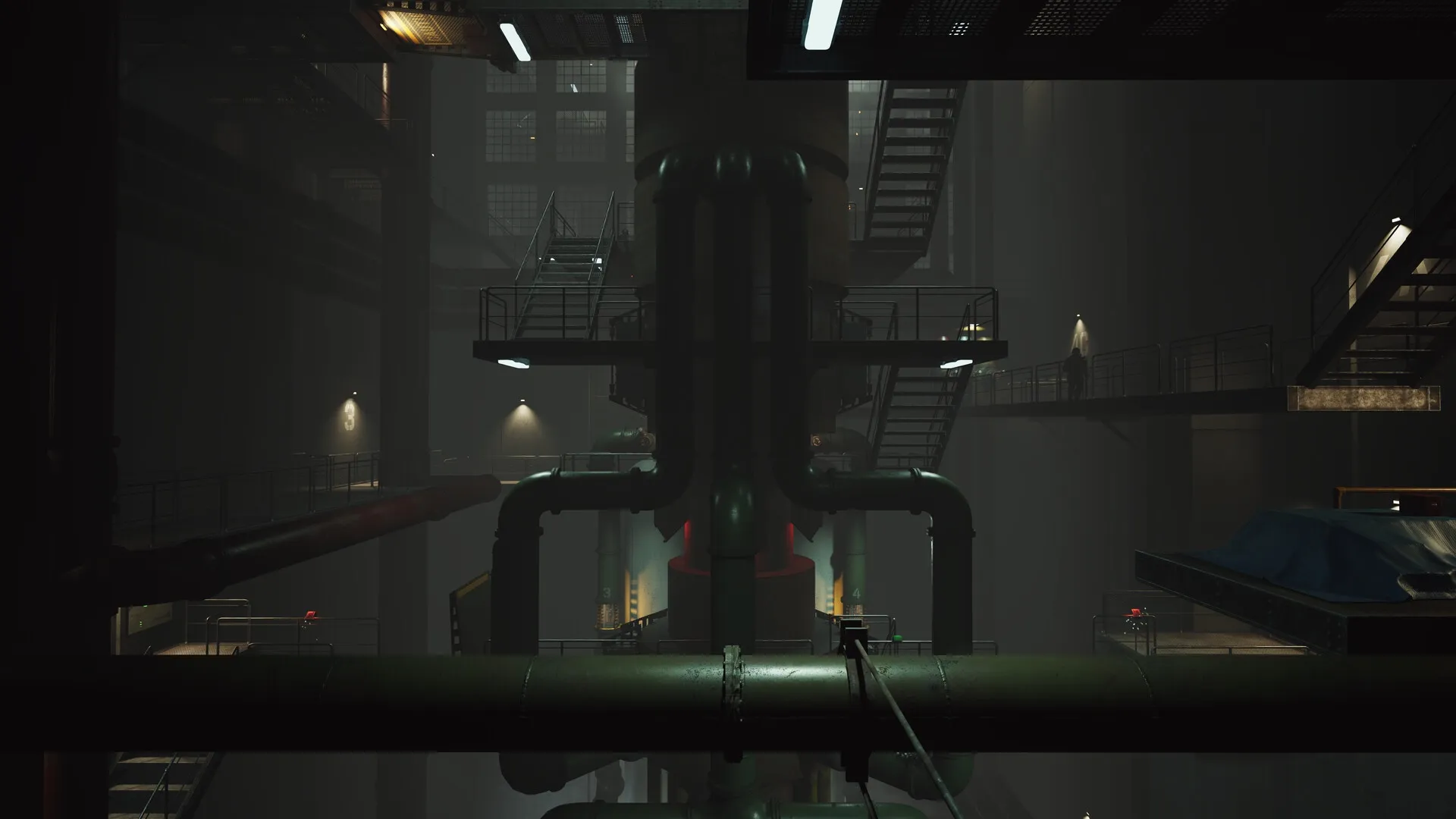 The Gold River Project: Industrial facility interior with large pipes, walkways, and dim lighting