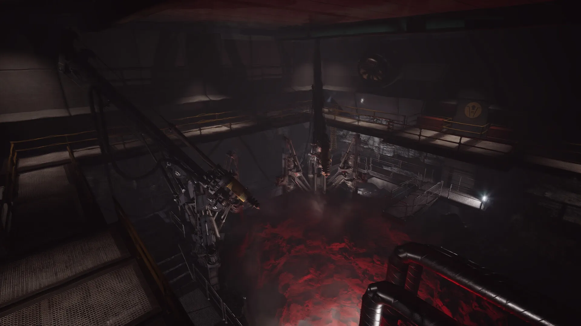 The Gold River Project: Industrial chamber with robotic arms over a glowing molten red core