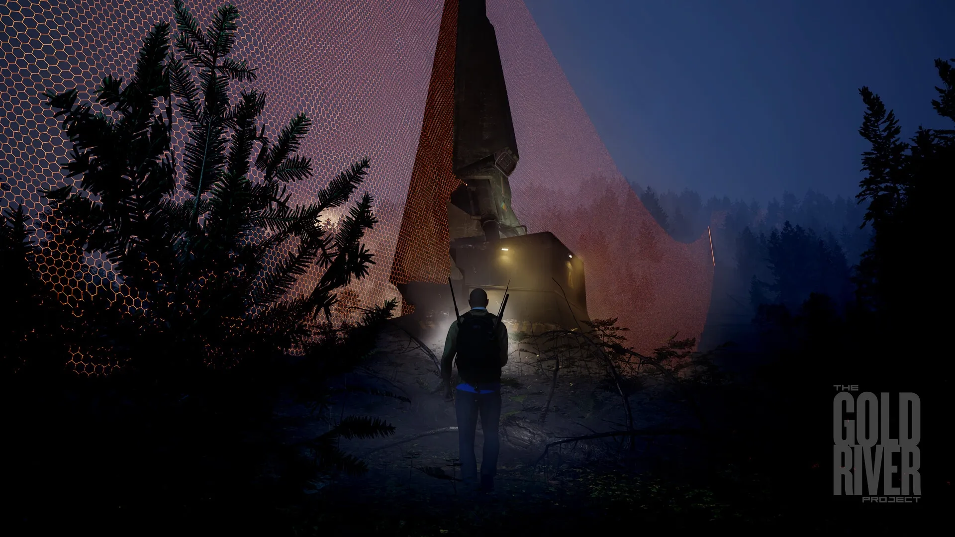 The Gold River Project: Character approaches illuminated monolith in dense forest under glowing netting